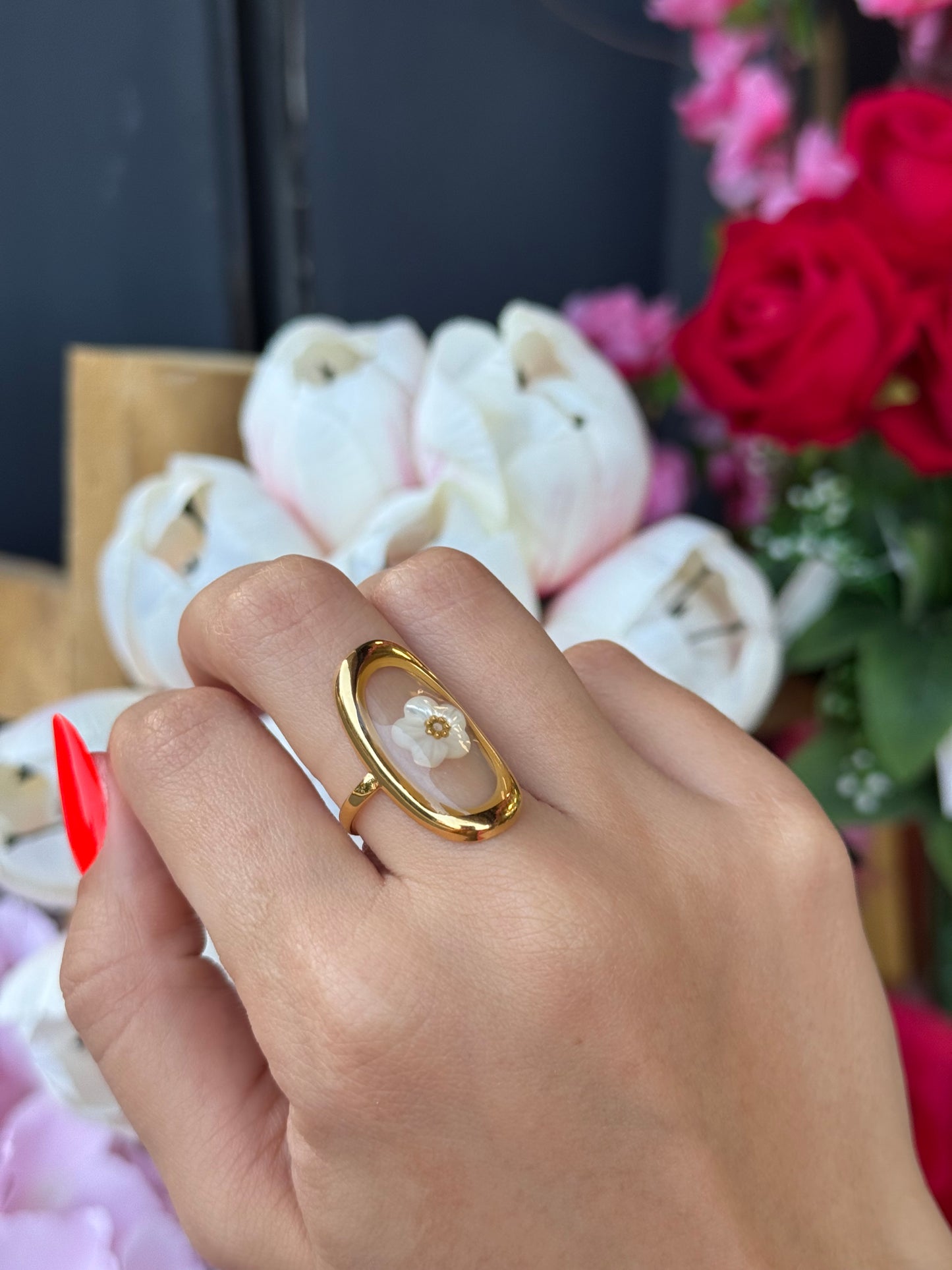 ANELLO FIORE SOTTOVETRO OVALE